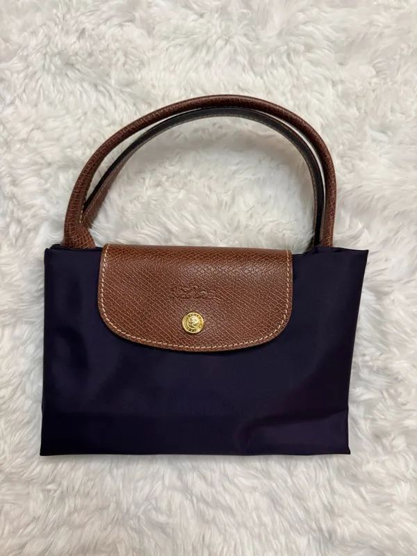 Longchamp Purple Le Pliage Tote with Brown Leather Trim - Image 3