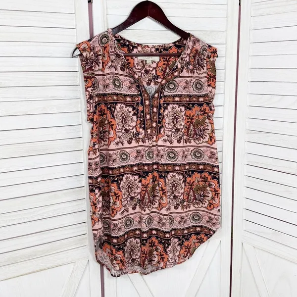 Loft Boho Floral Split Neck Sleeveless Tunic Tank Top Shirt Peach‎ Coral Medium - Image 8