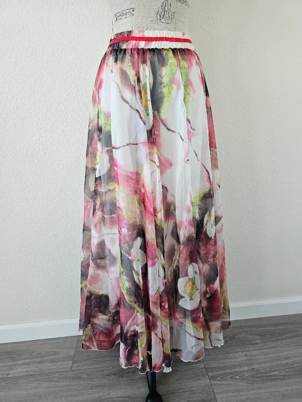 NWT Watercolor Floral Lotus Chiffon Maxi Skirt Size S Pink Green Sheer Layered - Image 6
