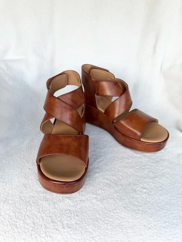 b.o.c. Women's Brown Leather Wedge Sandals - Comfortable Strappy Platform 7 - Image 9