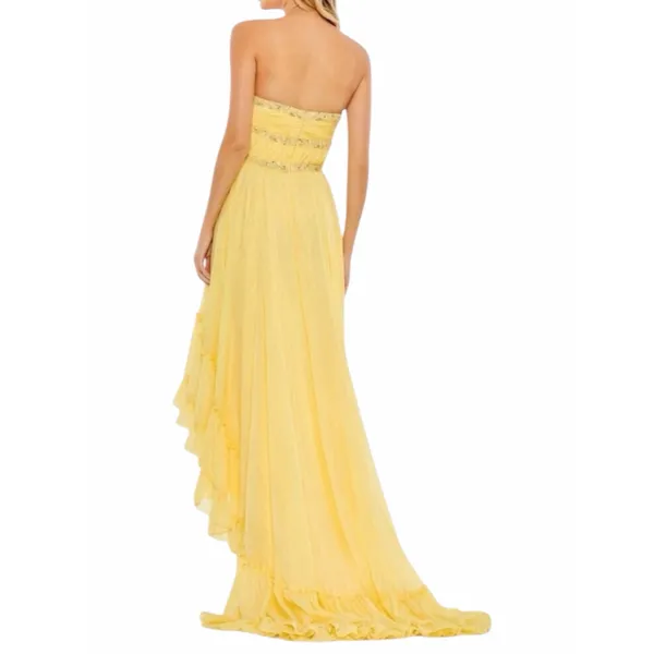 Mac Duggal Strapless Chiffon Hi Low Evening Gown Lemon Yellow Size 14 - Image 4