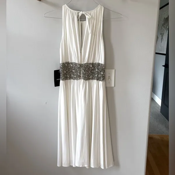 JS Boutique White Cocktail Midi Dress with Silver Sequin Waistband - Image 2