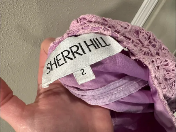 Sherri Hill Lavender Crochet Lace Mini Dress with Tassel Trim - Image 9