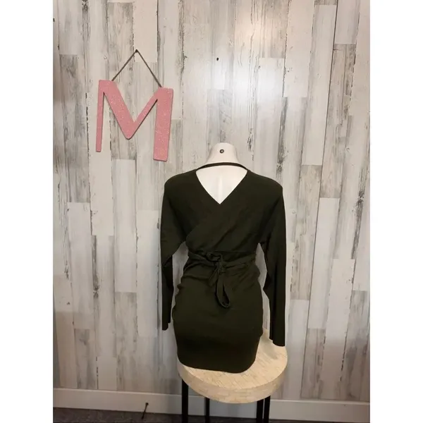 Love Always Olive Green Wrap Mini Dress Size MED Long Sleeve Bodycon Tie Waist V - Image 4
