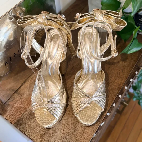Azalea Wang Gold Platform Heels Rhinestone Bow Sandal Women 8.5 Barbiecore Party - Image 2