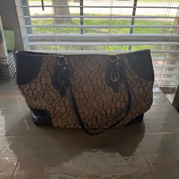 New York & Company Tan Brown Monogram Print Shoulder Tote Bag Purse - Image 5