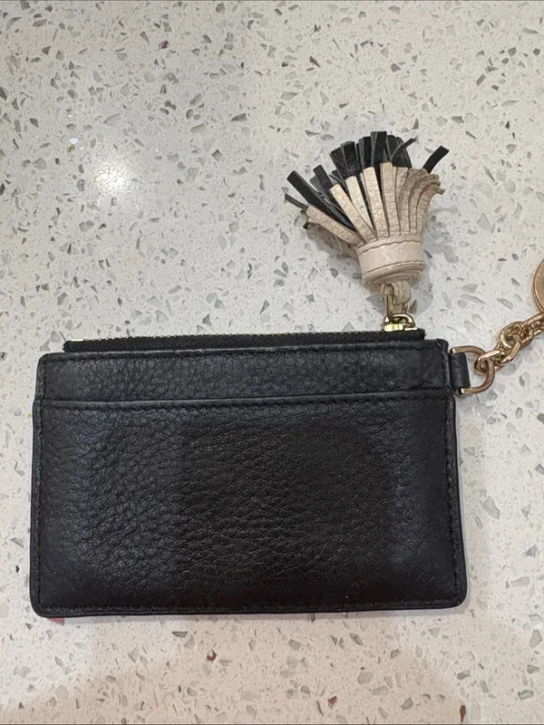 Tory Burch Black Leather Card Case Keyring with Tassel - Image 5