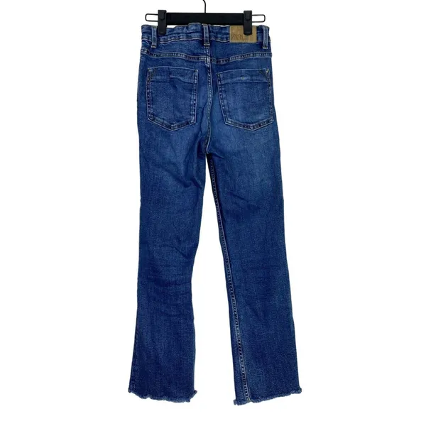 ZARA Flared High Rise Straight Leg Raw Hem Broken In Jean Zip 2 Dark Blue Wash - Image 5