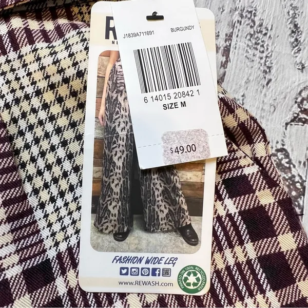Rewash Burgundy Plaid Fashion Wide Leg Pants. Size Medium. NWT - Image 6