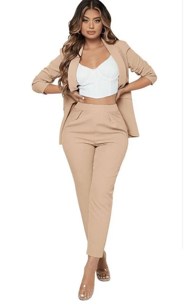SweatyRocks NEW Tan 2 Pc Ruched Sleeve Blazer & Pant Career Suit Set M - Image 3