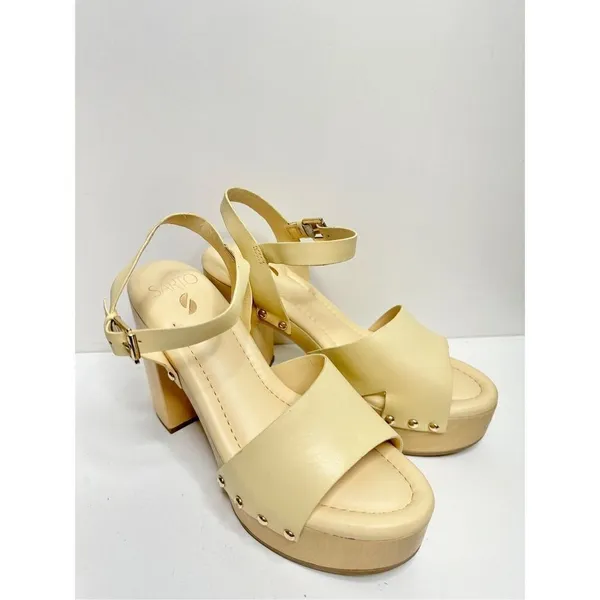 Sarto by Franco Sarto Wally Cream Leather Wood Platform Block Heel Sandals 9 - Image 2