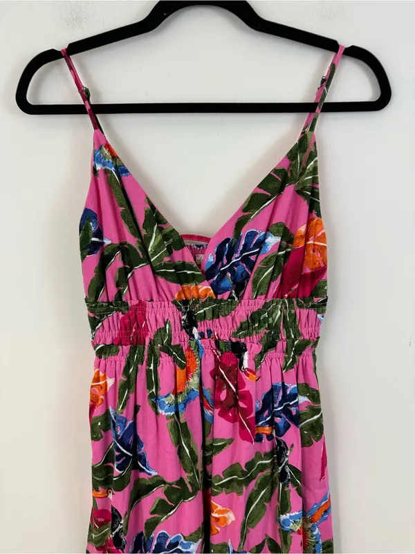 By the River Pink Tropical Print Spaghetti Strap Maxi Dress V-Neck Size Medium - Image 3