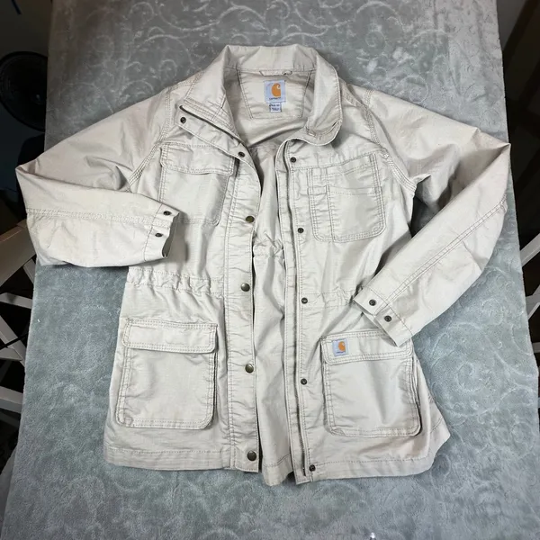 Carhartt Womens Medium Tan Ripstop Utility Field Jacket Chore Coat Beige Canvas - Image 4
