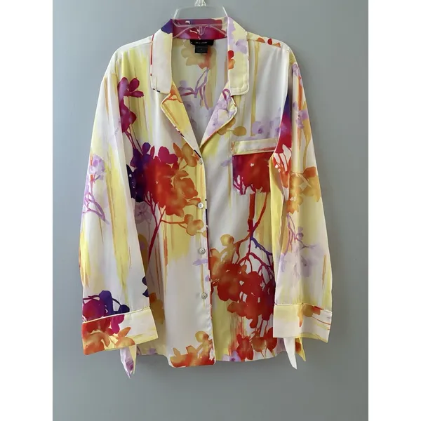 Natori Pajama Top Womens Medium Multicolor Floral Lounge Silky Button Up - Image 14