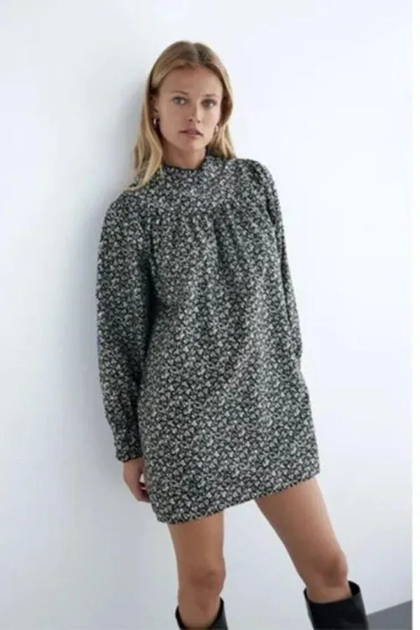 ZARA Printed Poplin Dress Long Sleeve Mini Mock Neck Womens Small Tunic TikTok - Image 2