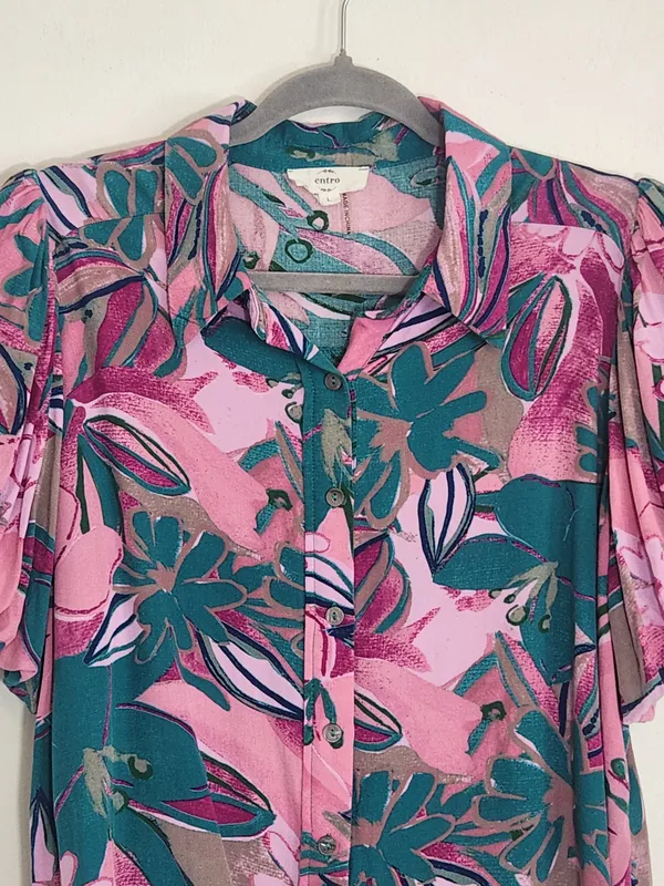Entro Pink and Teal Green Tropical Print Puffy Sleeve Blouse Size Large - Image 2