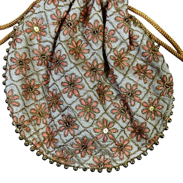 Designer Evening Clutch Beaded Handle Drawstring Pouch Bag Gold - Image 2