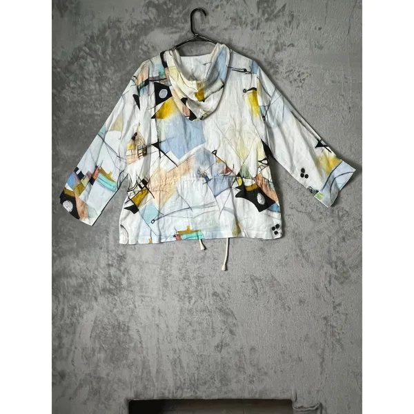 Dolcezza Simply Art Linen Blend Hooded Jacket Large Abstract Print Artsy Boho - Image 3