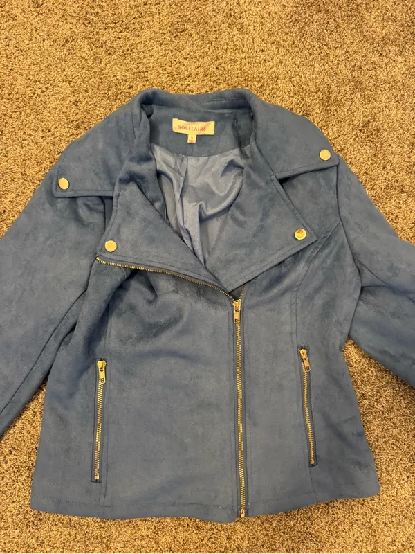 Solitaire Blue Suede-Look Moto Jacket - Image 2