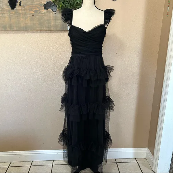 Lulus Black Swiss Dot Tiered Maxi Dress Open Back Mesh Formal Wedding Guest M - Image 3