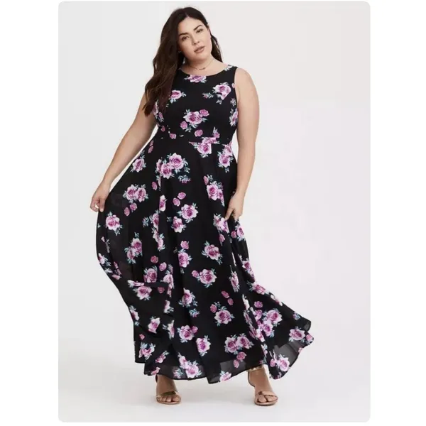 Torrid Black Pink Floral Georgette Sleeveless‎ Maxi Dress Size 16 - Image 3