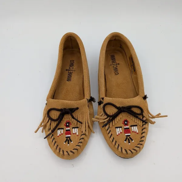 Minnetonka Thunderbird II Suede Moccasins Tan‎ Beaded Fringe Womens 6 177 - Image 4
