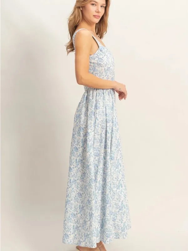 HYFVE Blue Floral Cotton Empire Waist Maxi Dress Square Neck Cottagecore Medium - Image 2