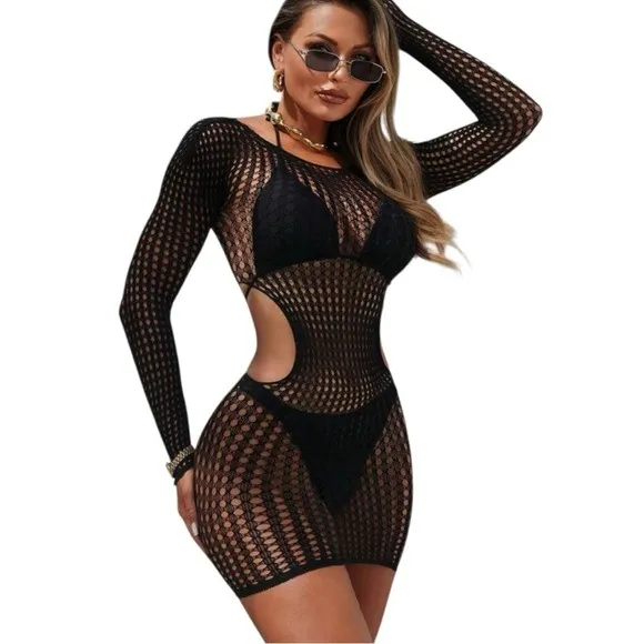Women Black Thin Hollow Out Sheer Dress - Image 4