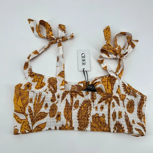 New Cider floral cream & yellow tie shoulder strap cropped top summer boho large - Image 3
