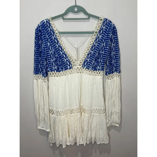 Free People Dusk to Dawn Dress Boho Sz 2 White Blue‎ Crochet Deep V Long Sleeve - Image 2