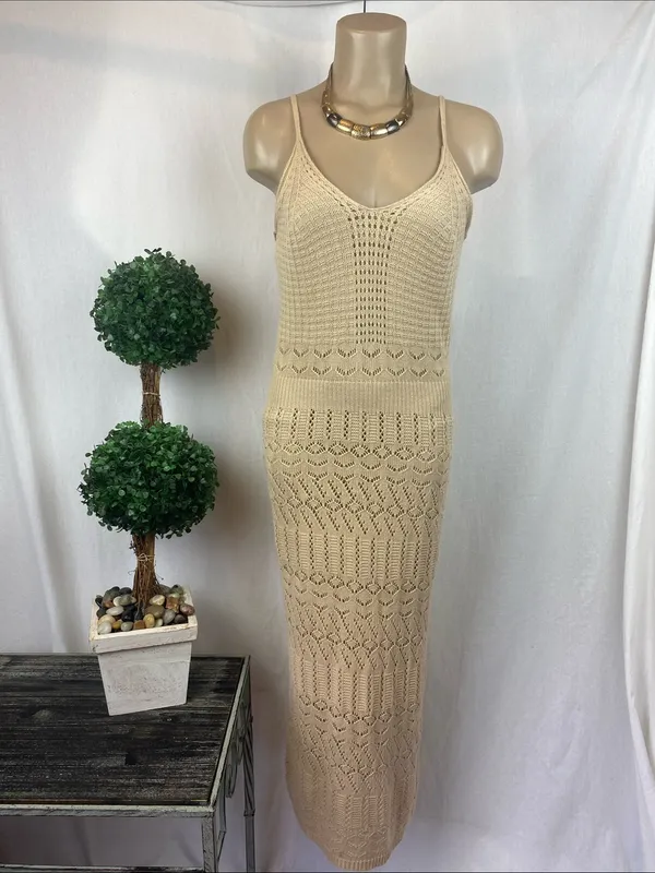 Freshman 1996 Tan Crochet Sleeveless Maxi Long Boho Festival Dress S - Image 2