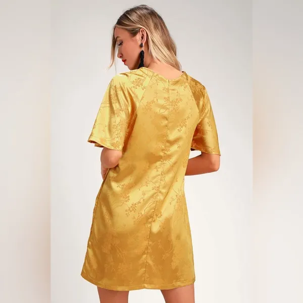 Lulus Blossom Golden Yellow Floral Jacquard Shift Dress‎ Lightweight Satin Sz S - Image 11