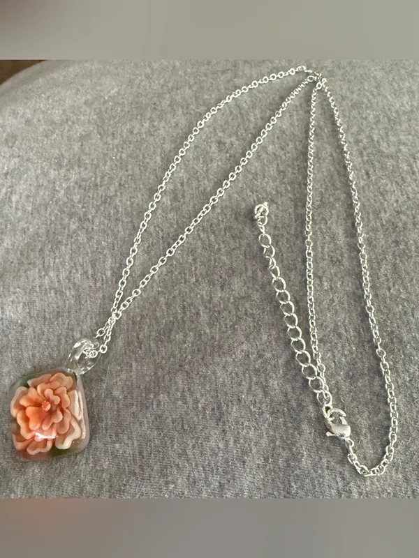 Glass Pendant Necklace with Peach Floral Accent - Image 5