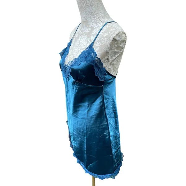 Teal Blue Satin Lace Slip Dress Chemise M Y2K Lingerie Aesthetic Feminine Coquet - Image 7