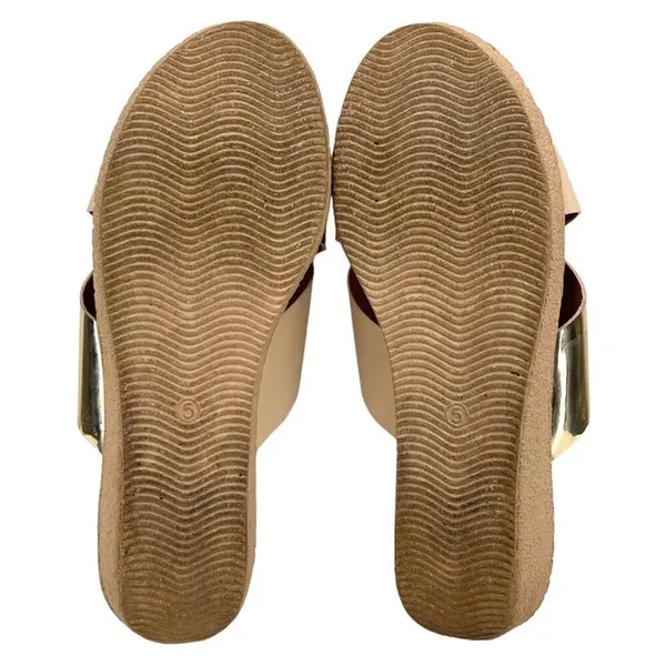 Sary Metallic Gold and Beige Tan Open Toe Wide Strap Slide Sandal Size 7 - Image 10