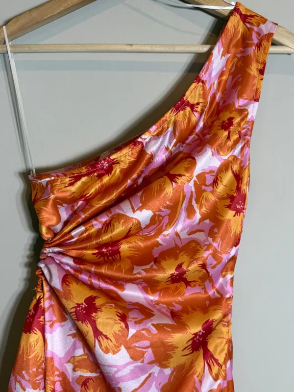 Hello Molly Loving That Girl Mini Dress Women's Small Orange Floral One Shoulder - Image 13