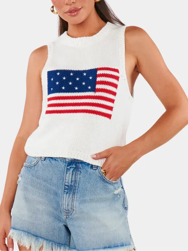 Show Me Your MuMu White Knit Tank with Red, White & Blue Flag Graphic Size Small - Image 9