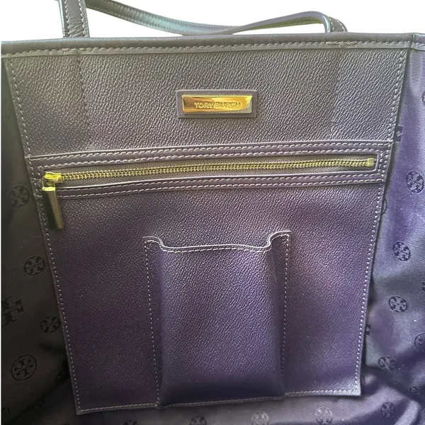 Tory‎ Burch Purple Pebbled Leather Tote Bag Large Double T Logo Work Office - Image 9
