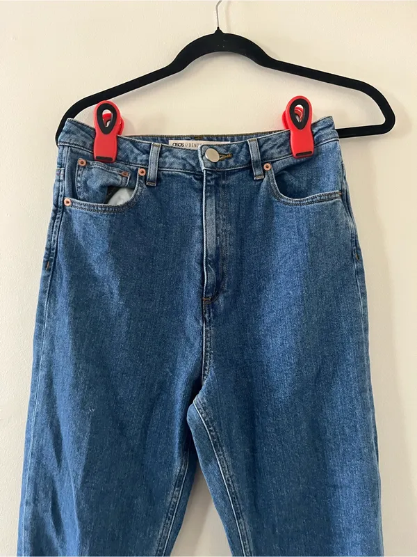 ASOS Denim High Rise Straight Leg Jeans 28 Tall Distressed Medium Wash Blue - Image 2