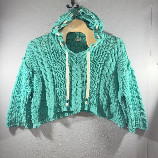 3281 | POL YST410 Chenille Cable Knit Hoodie Sweater Turquoise Boho Women L - Image 3