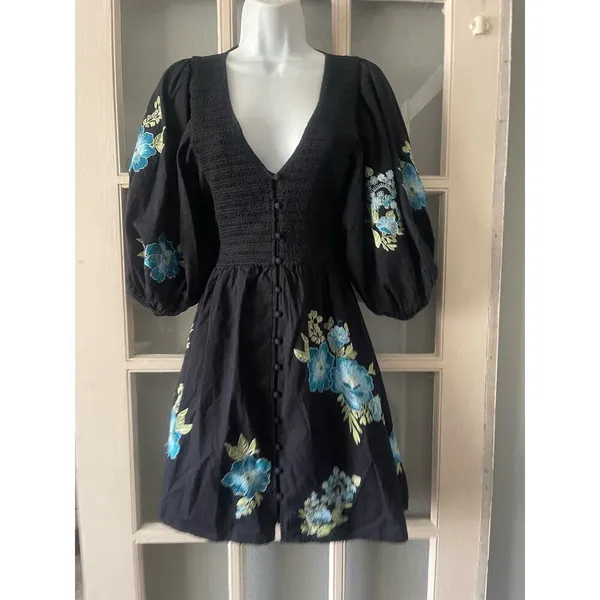 ASOS DESIGN cotton poplin embroidery shirred bodice mini dress in black - Image 6