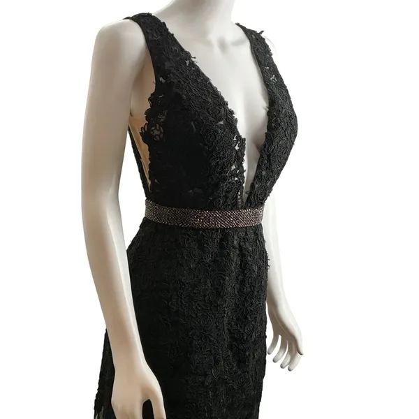 Sherri Hill Black Lace Plunging V-Neck Beaded Waist Formal Gown Dress Size 4 - Image 5