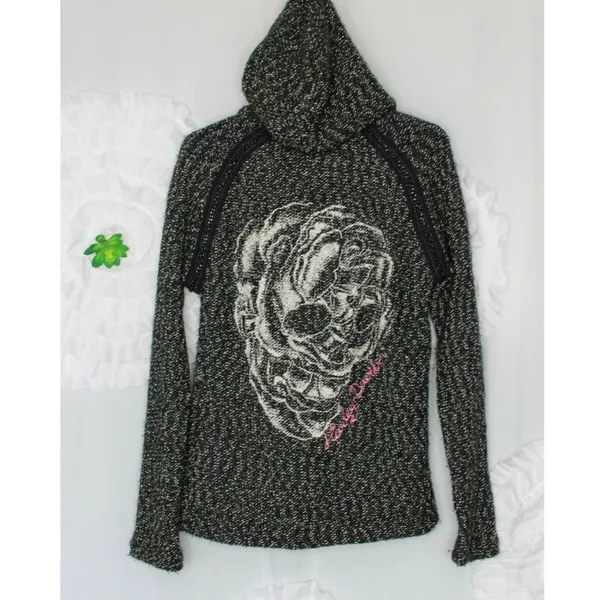 Harley Davidson Womens Hoodie Jacket Skull Chain Accent 1903 Size Medium Tweed - Image 7