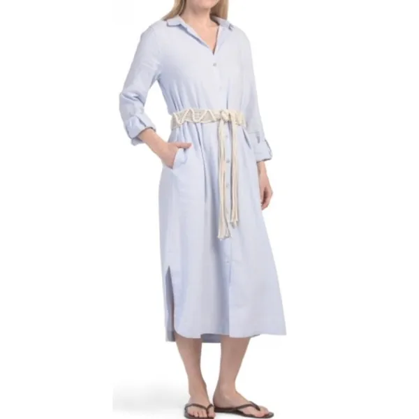 Calypso St. Barth Shirtdress Womens S Blue Linen Blend Macrame Belt‎ Midi Dress - Image 3