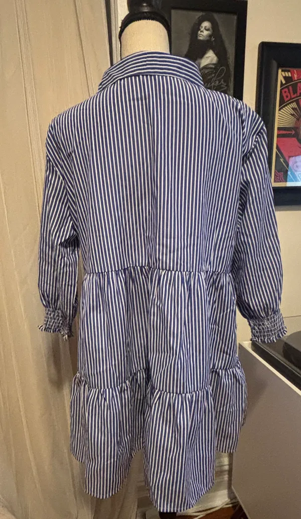 Women's 3/4 Sleeve V Neck Collar Striped Dress Casual A Line Ruffle Hem Mini Dresses - Image 5