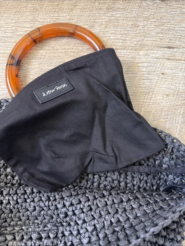 NWT & Other Stories Black Woven Tote Bag with Tortoiseshell Handle - Image 3