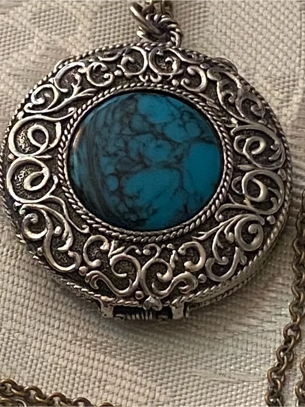 Vtg Max Factor Necklace Solid Perfume Locket Silver Turquoise Stone Hypnotique Blue - Image 5