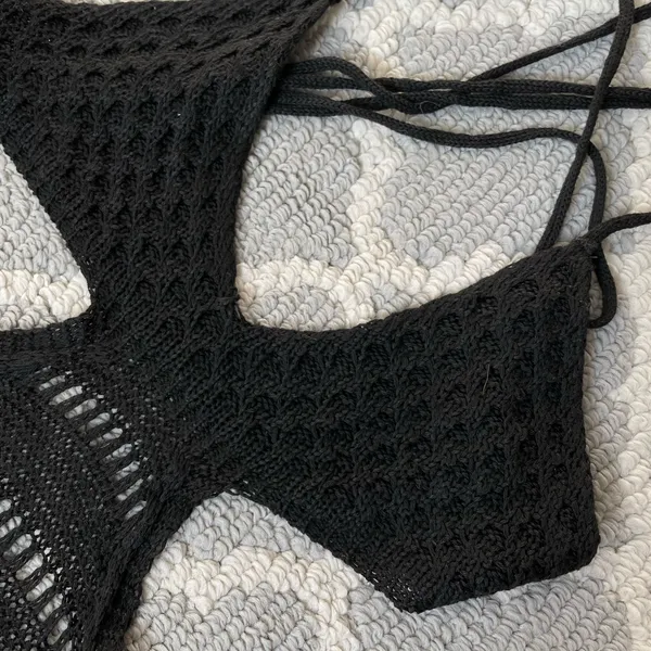 Shein black crochet cut out cover up backless knit mini dress - Image 5