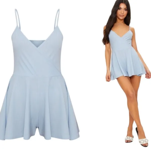 PrettyLittleThing -760 NWT Powder Blue Crepe Strappy Wrap Romper Women's sz 6‎ - Image 2