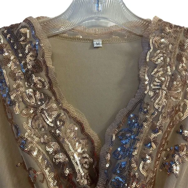 Rouge Women's M Beige Champagne V-Neck‎ Midi Dress with Rose Gold Sequins - Image 13